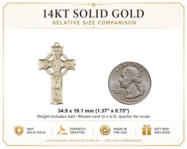 Colgante grande de cruz celta católica de oro macizo de 14 quilates | 1 3/8 x 3/4 | Hecho a mano en EE. UU. por Bliss