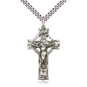 Collar de crucifijo celta grande de plata de ley | Colgante de 3,5 x 1,9 cm | Cadena de 61 cm | Fabricado en EE. UU. por Bliss