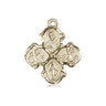 14kt solid gold medium Four-Way Medal pendant 3/4 x 5/8 inches featuring Sacred Heart, St. Christopher, Miraculous Medal and St. Joseph, handcrafted by Bliss Manufacturing