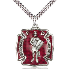 Sterling Silver St. Florian Patron Saint Medal Necklace with Red Epoxy 1 1/8 x 1 inch 24 inch Chain Bliss