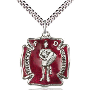 Collar de plata de ley con medalla mediana de San Florián, patrono | 2,85 cm x 2,54 cm, esmalte rojo | Cadena de 61 cm | Fabricado en EE. UU. por Bliss