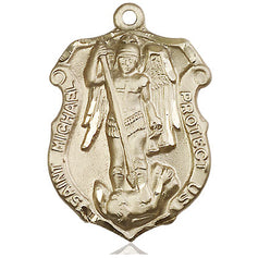 14kt solid gold St. Michael Archangel patron saint medal pendant, 1 1/4 x 7/8 inch large size, hand-finished by Bliss Manufacturing USA