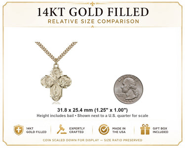 Collar de medalla católica grande de 4 vías con relleno de oro | Colgante de 3.17 cm x 2.54 cm | Cadena de 60.96 cm | Fabricado en EE. UU. por Bliss