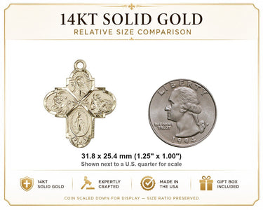 14kt Solid Gold Large 4-Way Catholic Medal Pendant | 1 1/4" x 1" | USA Made by Bliss