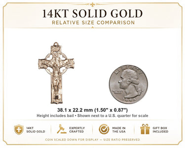 Colgante Crucifijo Celta Católico Grande de Oro Sólido de 14qt | 1 1/2 x 7/8 | Hecho en EE. UU. por Bliss