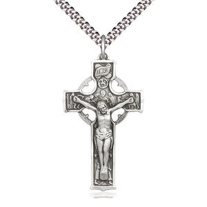 Collar de crucifijo celta grande de plata de ley | Colgante de 3,8x2,2 cm | Cadena de 60 cm | Fabricado en EE. UU. por Bliss