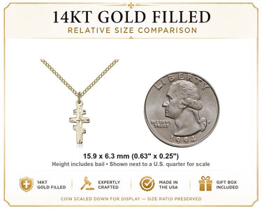 14kt Gold Filled Small Greek Orthodox Cross Necklace | 5/8 x 1/4 Pendant | 18" Chain | USA Made by Bliss