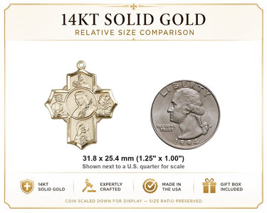 14kt Solid Gold Large Catholic Five-Way Medal Pendant | St Philomena Therese Rita Anthony Jude | 1-1/4" x 1" | Handcrafted in USA by Bliss