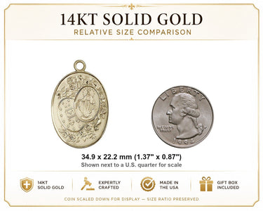 Colgante Grande Medalla Milagrosa de Oro Sólido de 14 kt | 1 3/8 x 7/8" | Hecho a mano en EE. UU. por Bliss