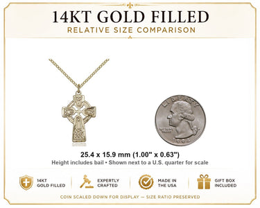 Gold Filled Medium Celtic Cross Necklace | 1" x 5/8" Pendant | 18" Lite Curb Chain | USA Made by Bliss