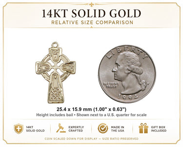 14kt Solid Gold Medium Celtic Cross Pendant | 1" x 5/8" | Handcrafted in USA by Bliss