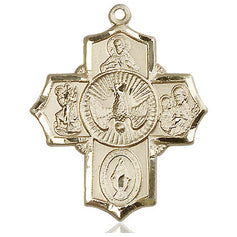 14kt solid gold large Five-Way Medal pendant 1.25 inches featuring Christ, Mary, Joseph, Christopher and Sacred Heart by Bliss