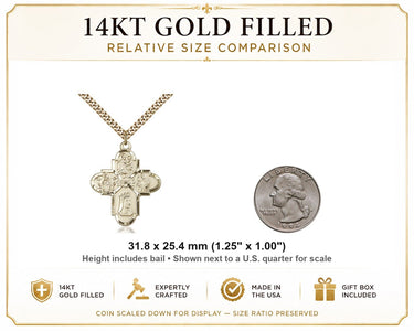 Collar de Medalla de Oro Laminado de 14k Grande Franciscana de 4 Vías | Colgante de 3.17x2.54 cm | Cadena de 60.96 cm | Hecho en EE. UU. por Bliss