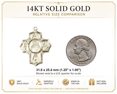 Medalla escapulario de 4 vías grande de oro macizo de 14 kt | 3,17 cm x 2,54 cm | Hecho a mano en EE. UU. por Bliss
