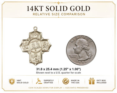 Colgante de oro macizo de 14 quilates, medalla grande católica de 5 vías del apóstol | 3,18 cm x 2,54 cm | Hecho en EE. UU. por Bliss