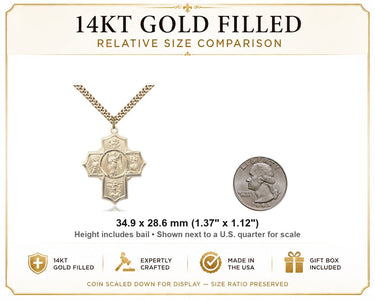 Collar con Medalla de 5 Vías de Guerrero Católico Grande, Chapado en Oro de 14 Quilates | Colgante de 3,5 cm x 2,8 cm | Cadena de 61 cm | Hecho en EE. UU. por Bliss