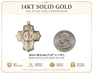 Colgante de Medalla Católica 5 Vías de Guerrero Grande de Oro Sólido de 14kt | 3.5cm x 2.8cm | Hecho a mano en EE. UU. por Bliss