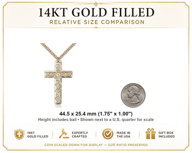 14kt Gold Filled Large Knurled Catholic Cross Necklace | 1 3/4" Pendant | 24" Chain | USA Made by Bliss