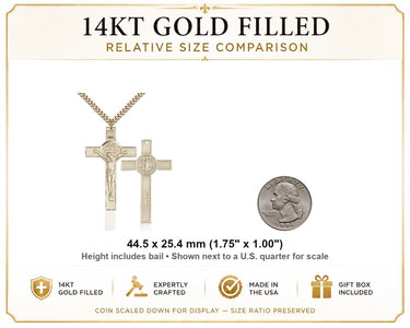 14kt Gold Filled Large St. Benedict Crucifix Necklace | 1-3/4x1" Pendant | 24" Chain | USA Made by Bliss