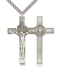 Collar con Crucifijo Grande de Plata Esterlina de San Benito 1 3/4