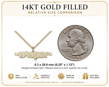 Collar con colgante pequeño de oro laminado de 14 quilates con inscripción WWJD | 1/4" x 1 1/8" | Cadena de 18" | Fabricado en EE. UU. por Bliss