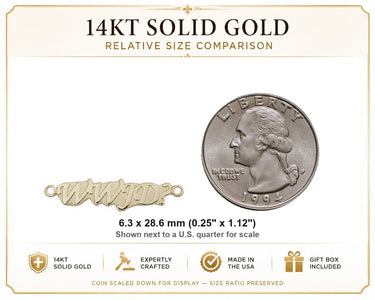 Colgante de medalla WWJD pequeña de oro macizo de 14 kt | 1/4" x 1 1/8" | ¿Qué haría Jesús? | Hecho en EE. UU. por Bliss