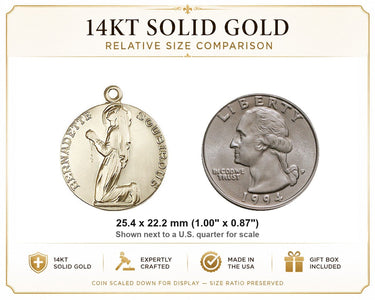 Colgante de Medalla de Santa Bernadette Mediana de Oro Sólido de 14kt | 1x7/8" | Hecho a Mano en EE. UU. por Bliss