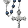 7mm blue metallic rosary with pewter crucifix and pewter center piece shown against white background