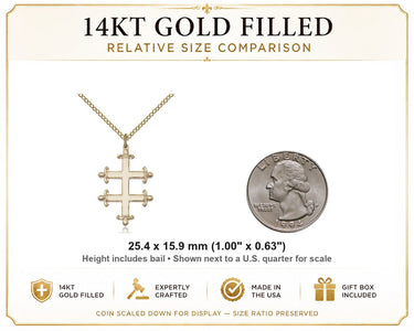 14kt Gold Filled Medium Cross of Lorraine Necklace | 1"x5/8" Pendant | 18" Chain | USA Made by Bliss
