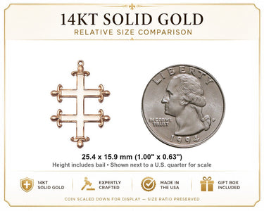14kt Solid Gold Medium Cross of Lorraine Pendant | 1"x5/8" | Handcrafted in USA by Bliss
