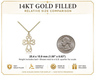 14kt Gold Filled Medium Catholic Scroll Cross Necklace | 1" x 5/8" Pendant | 18" Chain | USA Made by Bliss