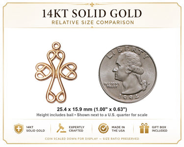 14kt Solid Gold Medium Catholic Scroll Cross Pendant | 1" x 5/8" | Handcrafted in USA by Bliss