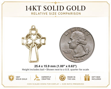 14kt Solid Gold Medium Shamrock Cross Pendant | 1" x 5/8" | Handcrafted in USA by Bliss