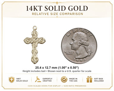 14kt Solid Gold Medium Catholic Cross Pendant | 1" x 1/2" | Handcrafted in USA by Bliss