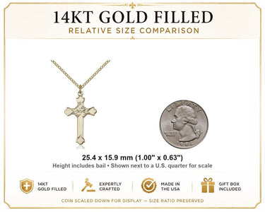 14kt Gold Filled Medium Catholic Cross Necklace | 1" x 5/8" Pendant | 18" Curb Chain | USA Made by Bliss