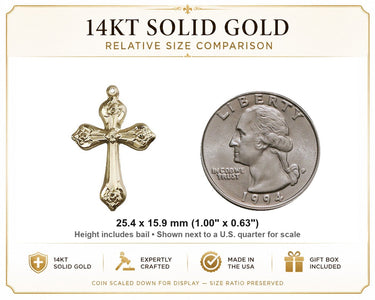 14kt Solid Gold Medium Catholic Cross Pendant | 1x5/8" | Handcrafted in USA by Bliss