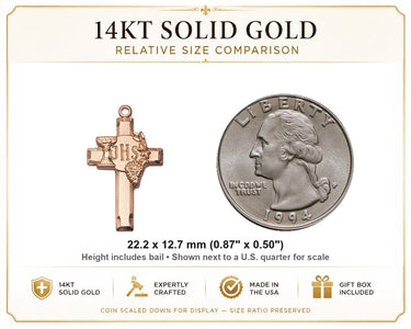 14kt Solid Gold Medium IHS Cross with Grapes Pendant | 7/8" x 1/2" | Handcrafted in USA by Bliss