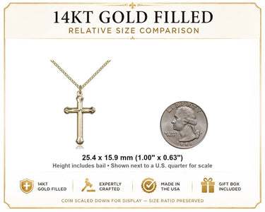 14kt Gold Filled Medium Catholic Cross Necklace | 1" x 5/8" Pendant | 18" Lite Curb Chain | USA Made by Bliss