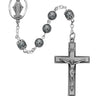 7mm imitation hematite rosary with pewter crucifix and center in dark gunmetal tone displayed on white background