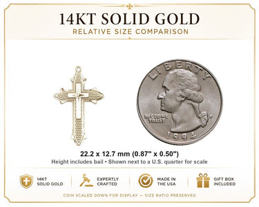 14kt Solid Gold Medium Cross Pendant | 7/8" x 1/2" | Handcrafted in USA by Bliss