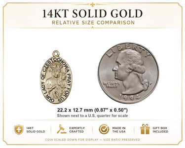 14kt Solid Gold Medium Our Lady of Czestochowa Catholic Medal Pendant | 7/8" x 1/2" | USA Made by Bliss