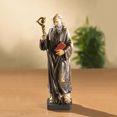 8 inch hand-painted resin St. Benedict statue holding Rule and cross by RosaryCard