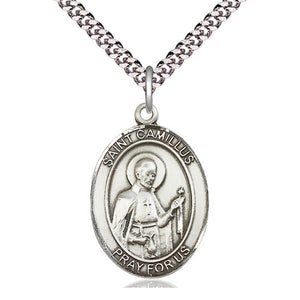 Collar con Medalla de San Camilo de Lelis, Patrono, de Plata de Ley, Mediana | 2.54 cm x 1.90 cm | Cadena de 60.96 cm | Hecho en EE. UU. por Bliss
