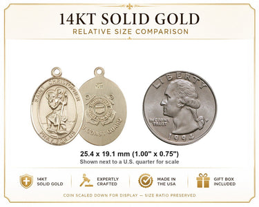 Colgante de Medalla de Oro Macizo de 14kt de San Cristóbal de la Guardia Costera Mediano | 2,54 cm x 1,90 cm Patrono | Fabricado en EE. UU. por Bliss