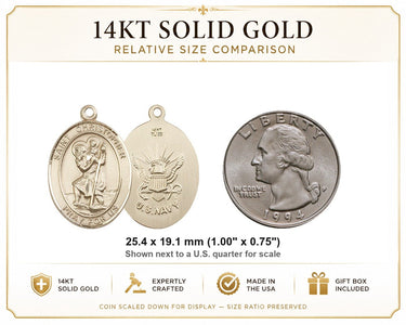 Colgante de Medalla de San Cristóbal Mediana de Oro Sólido de 14qt | 1" x 3/4" | Patrón de la Marina y los Viajeros | Hecho en EE. UU. por Bliss