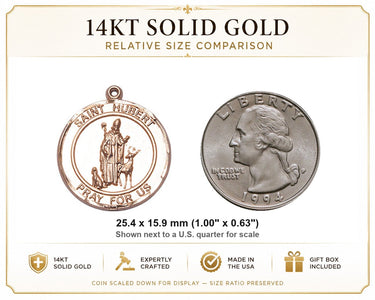 14kt Solid Gold Medium St. Hubert of Liege Patron Saint Medal Pendant | 1" x 5/8" | Handcrafted in USA by Bliss