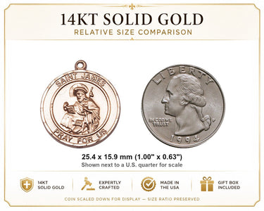 Medalla colgante de San Santiago el Mayor, patrón, de oro macizo de 14 quilates, tamaño mediano | 1x5/8" | Hecho a mano en EE. UU. por Bliss