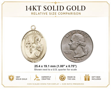 14kt Solid Gold Medium St. Matthew Apostle Patron Saint Medal Pendant | 1" x 3/4" | USA Made by Bliss