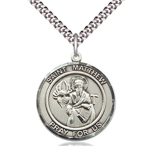 Collar de plata de ley con medalla mediana de San Mateo | 2,54 x 1,59 cm | Cadena de 61 cm | Fabricado en EE. UU. por Bliss