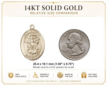 14kt Solid Gold Medium St. Michael Archangel Patron Saint Medal Pendant | 1" x 3/4" | USA Made by Bliss